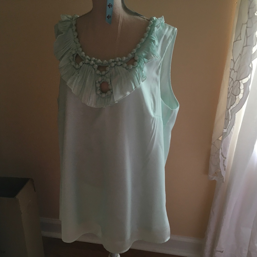 Nylon rayon sleeveless blouse. Mint green with decorative ruffled top.
